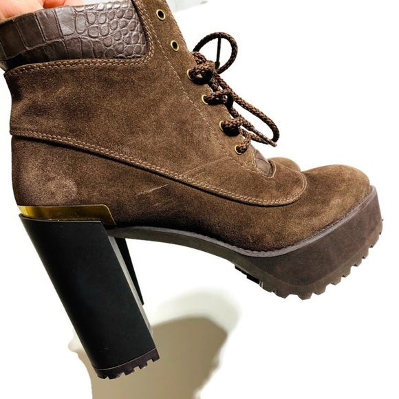 Stuart Weitzman brown chunky heels suede lace up platform boots - Picture 2 of 13